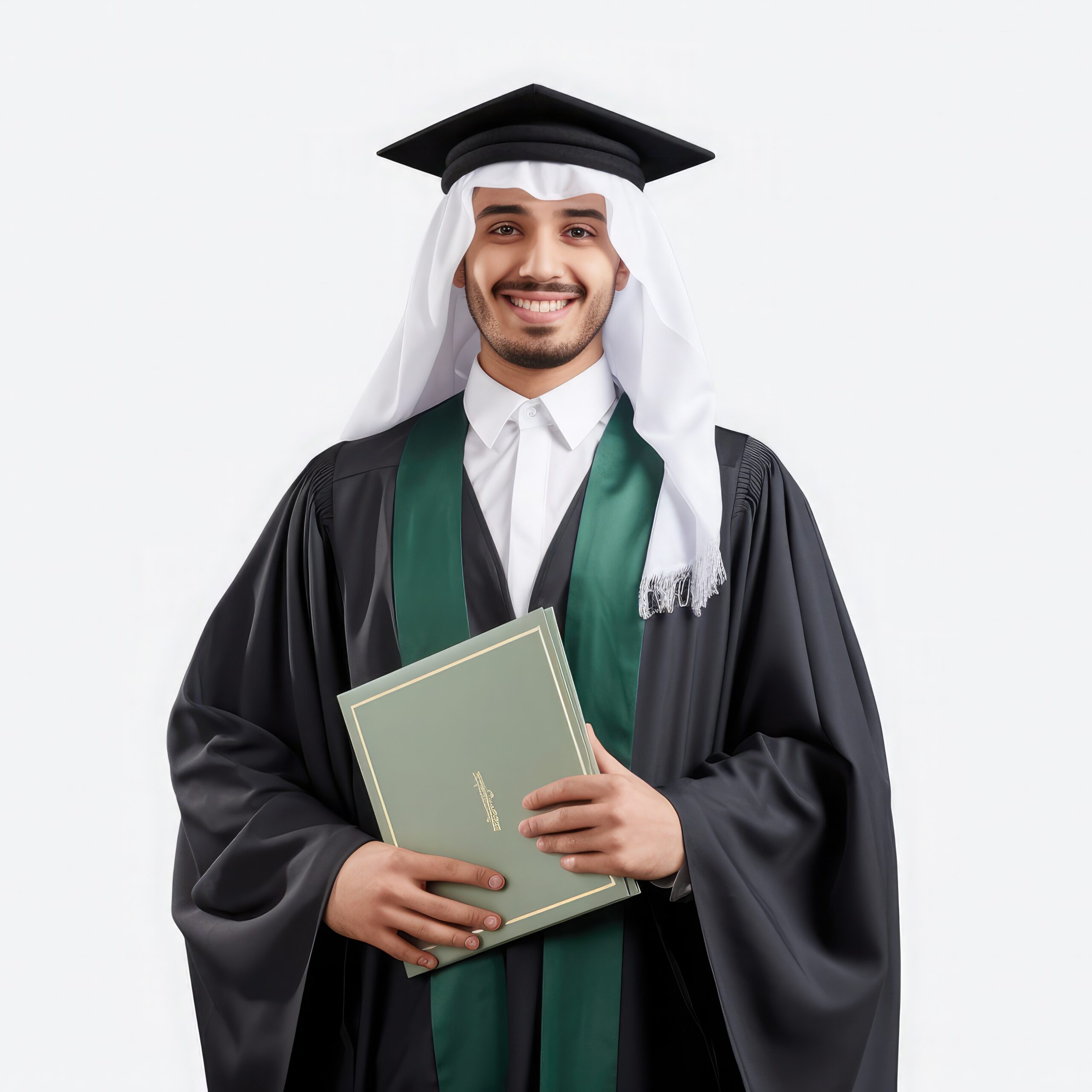 Saudi graduate, holding a rolled certificate, Cheerful, Smile, Confident, isolated, white background, having a medical stethoscope on the chest